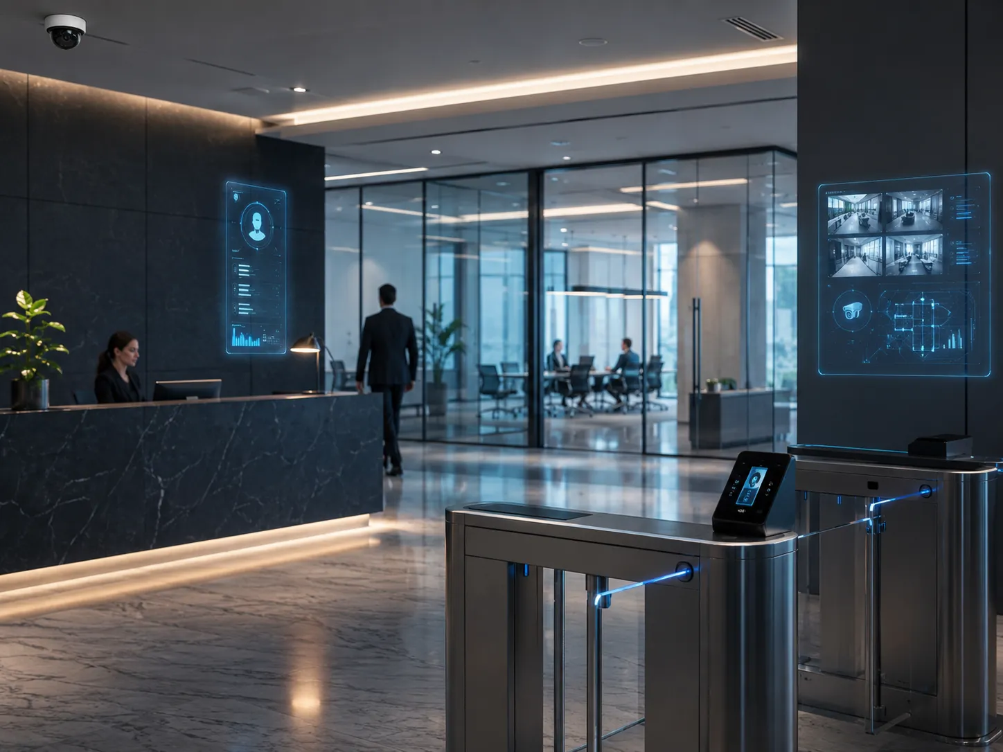 Ambiente corporativo moderno com tecnologia integrada de segurança e controle de acesso.