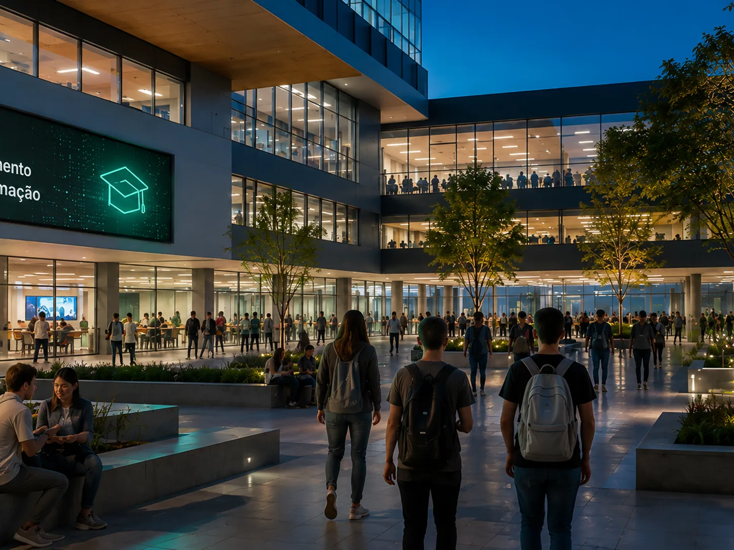 Campus universitário movimentado ao entardecer, com alunos circulando entre os blocos.