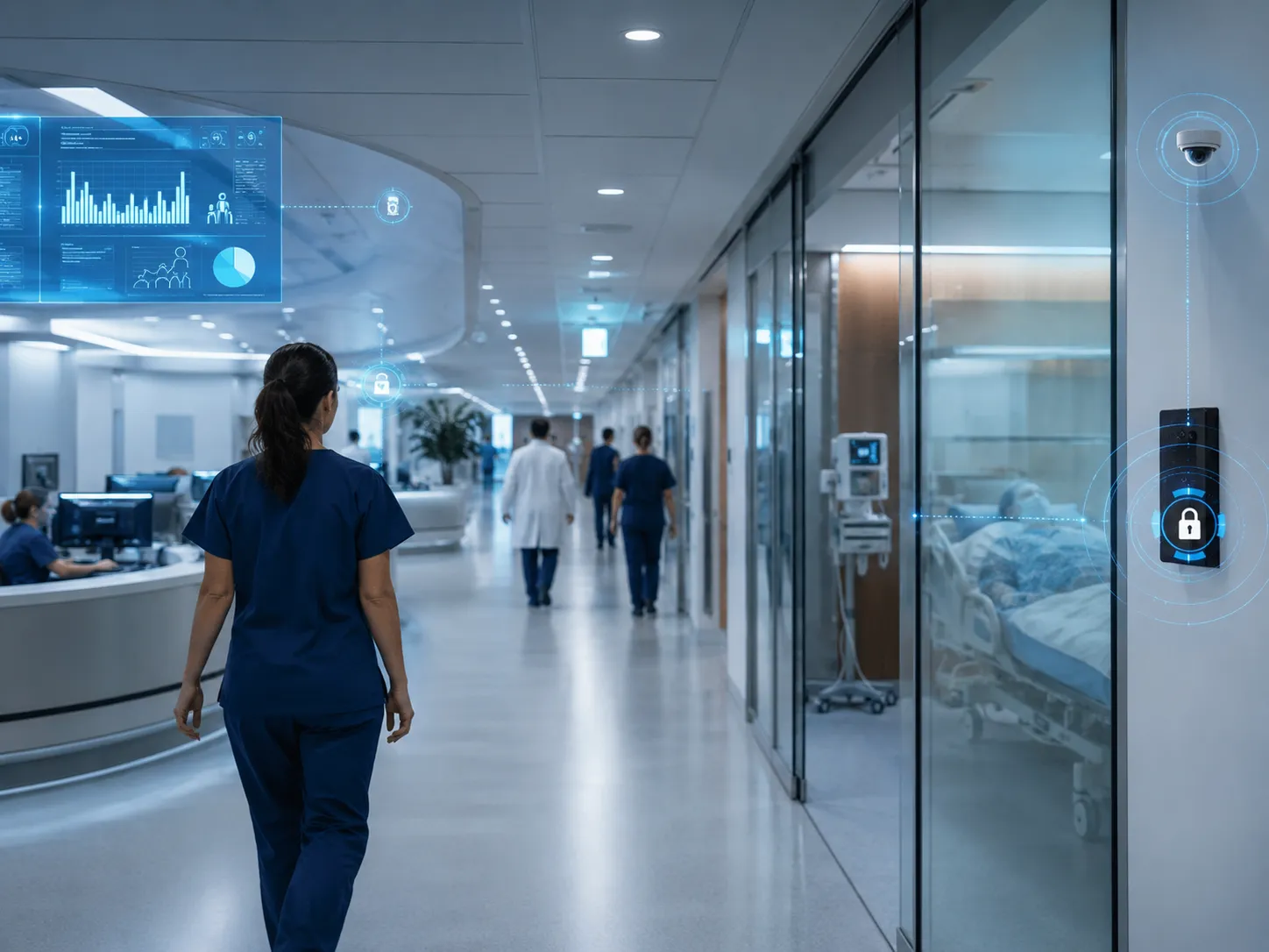 Ambiente hospitalar moderno com tecnologia de segurança, acesso e monitoramento.