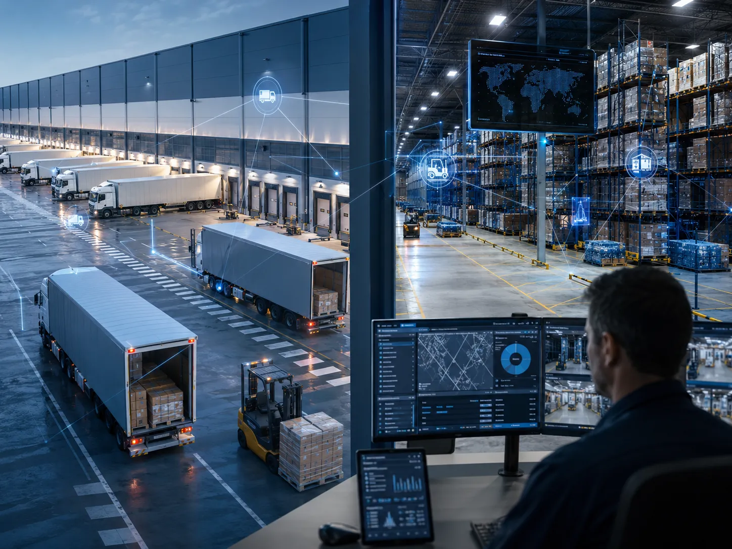 Centro logístico moderno com monitoramento operacional e rastreamento inteligente.