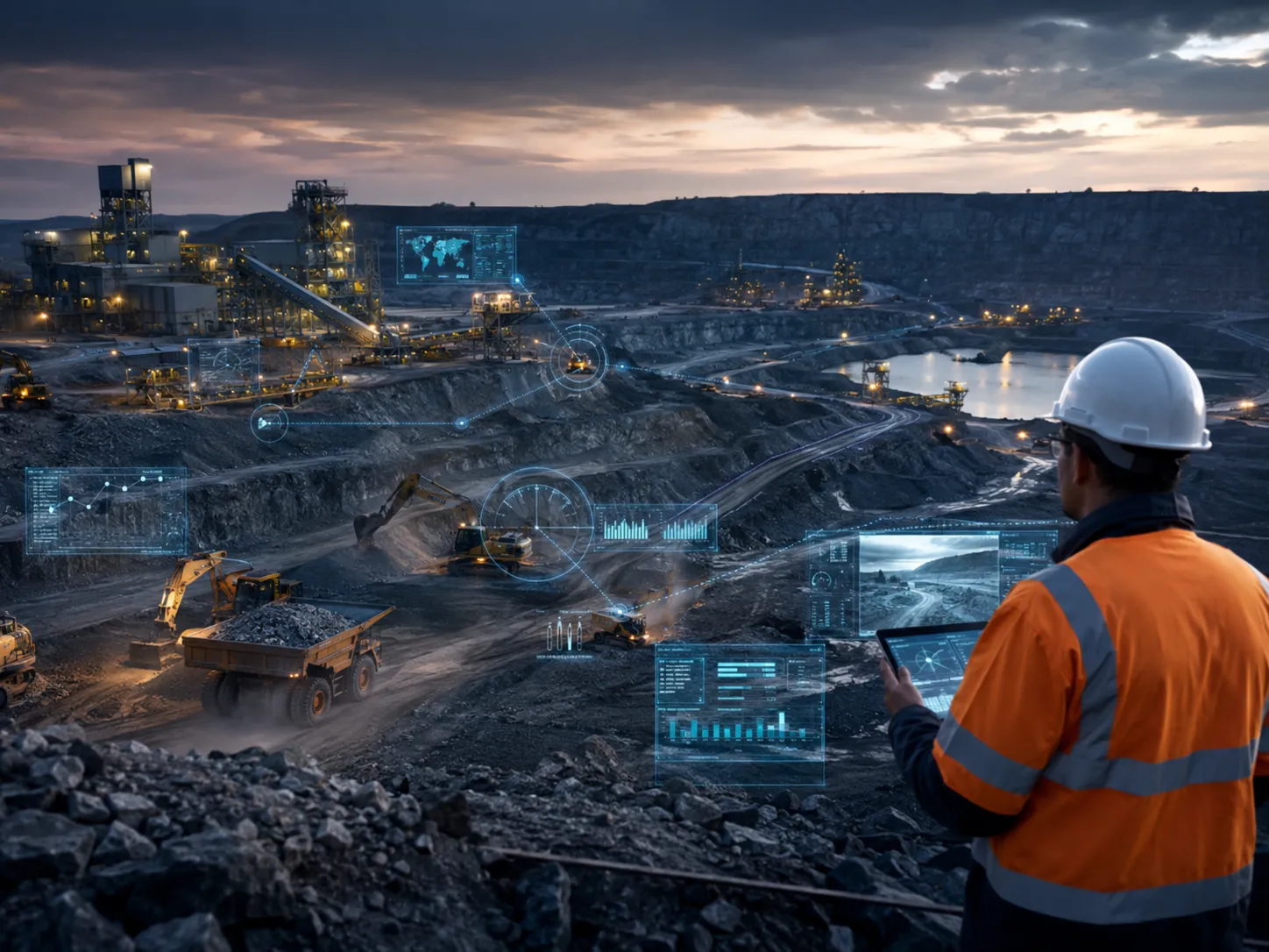Operação de mineração com monitoramento inteligente e tecnologia de segurança.