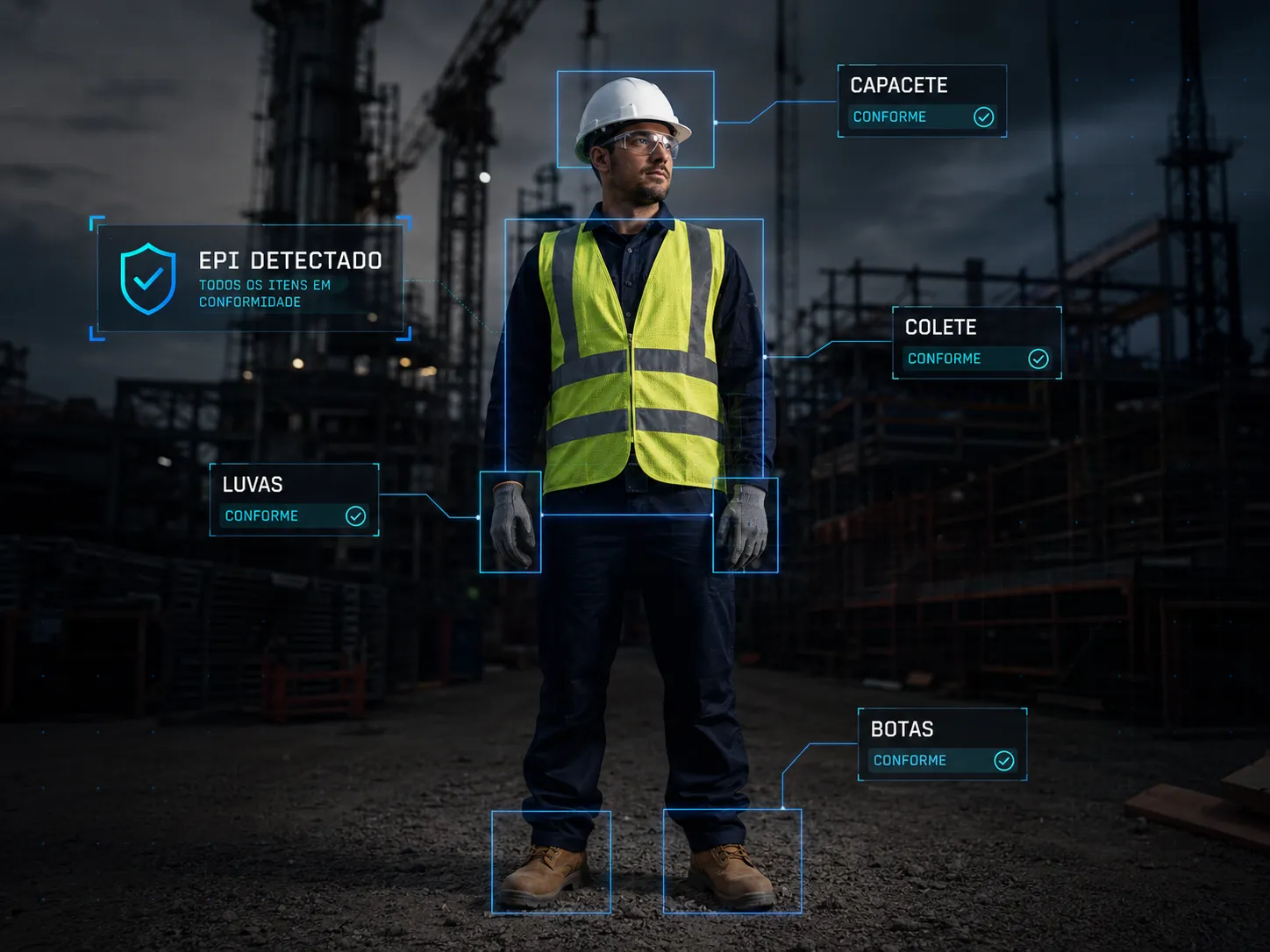 Sistema de detecção de EPI com inteligência artificial em ambiente industrial.