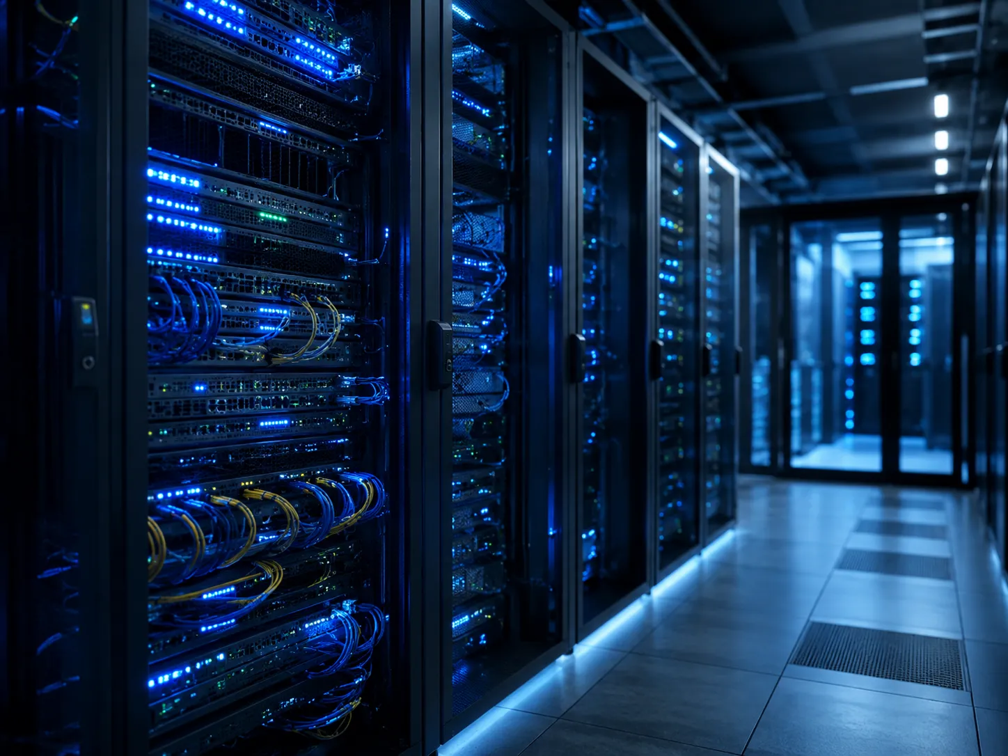 Infraestrutura de redes corporativas com racks, servidores e cabeamento estruturado.