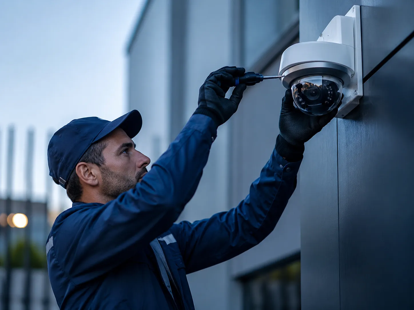Técnico realizando manutenção em câmera de segurança e suporte remoto.