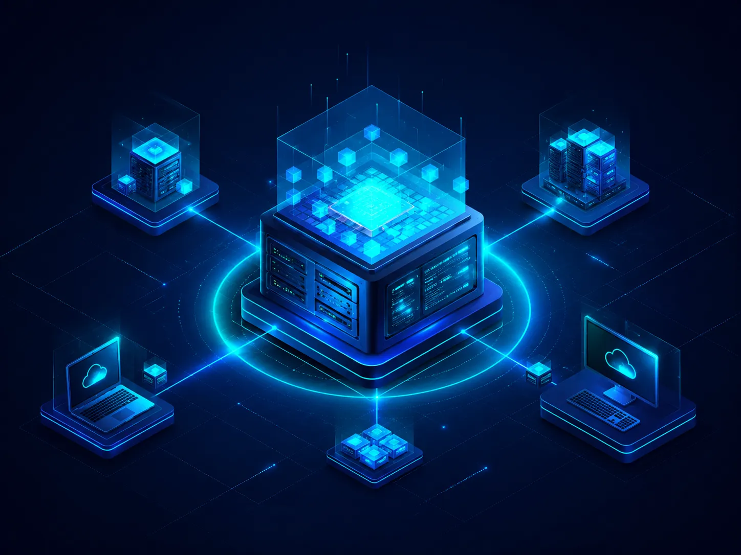 Infraestrutura digital com máquinas virtuais conectadas em ambiente de nuvem.