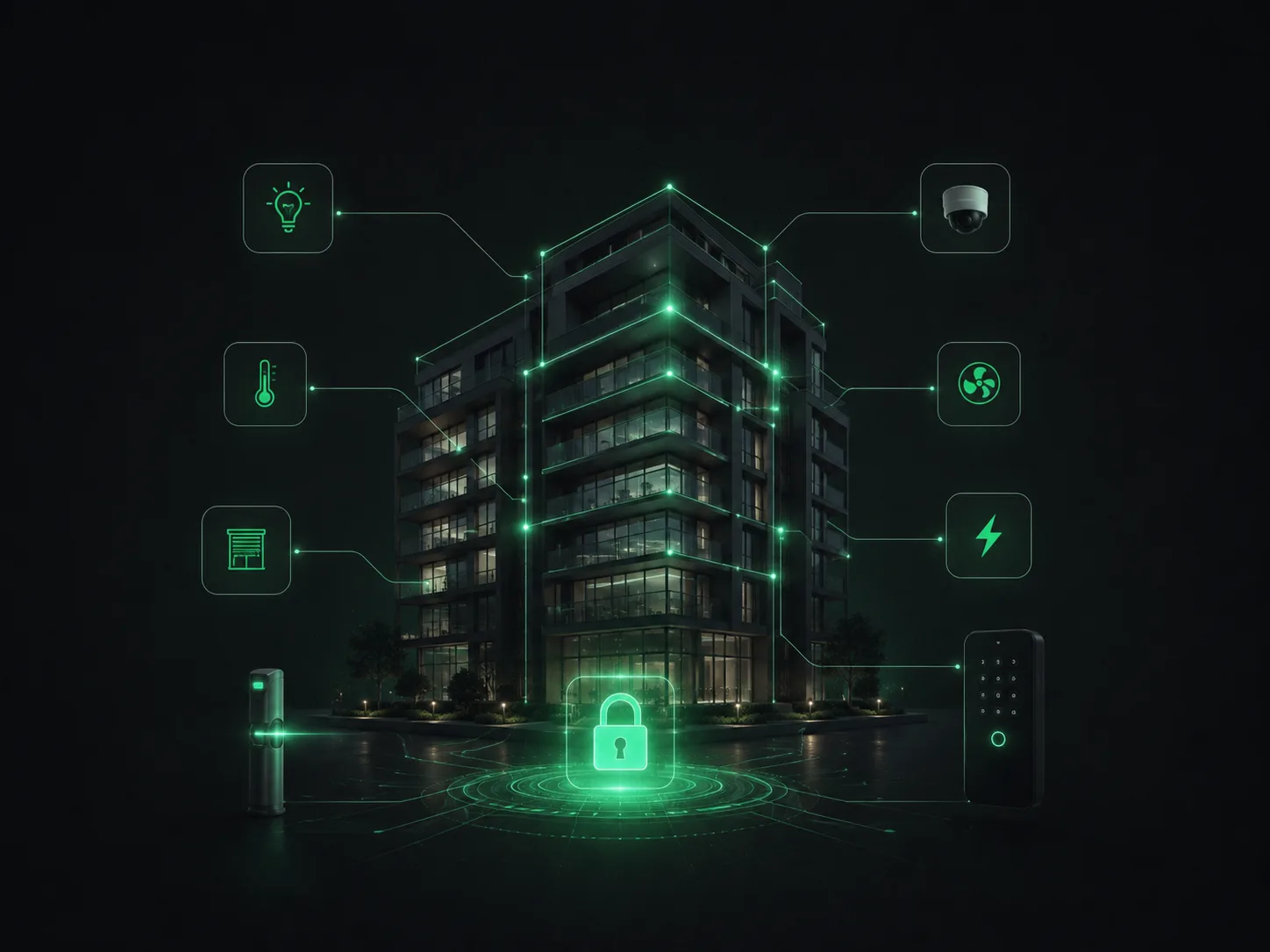 Edifício com iluminação, climatização, acessos e energia integrados em um só sistema.