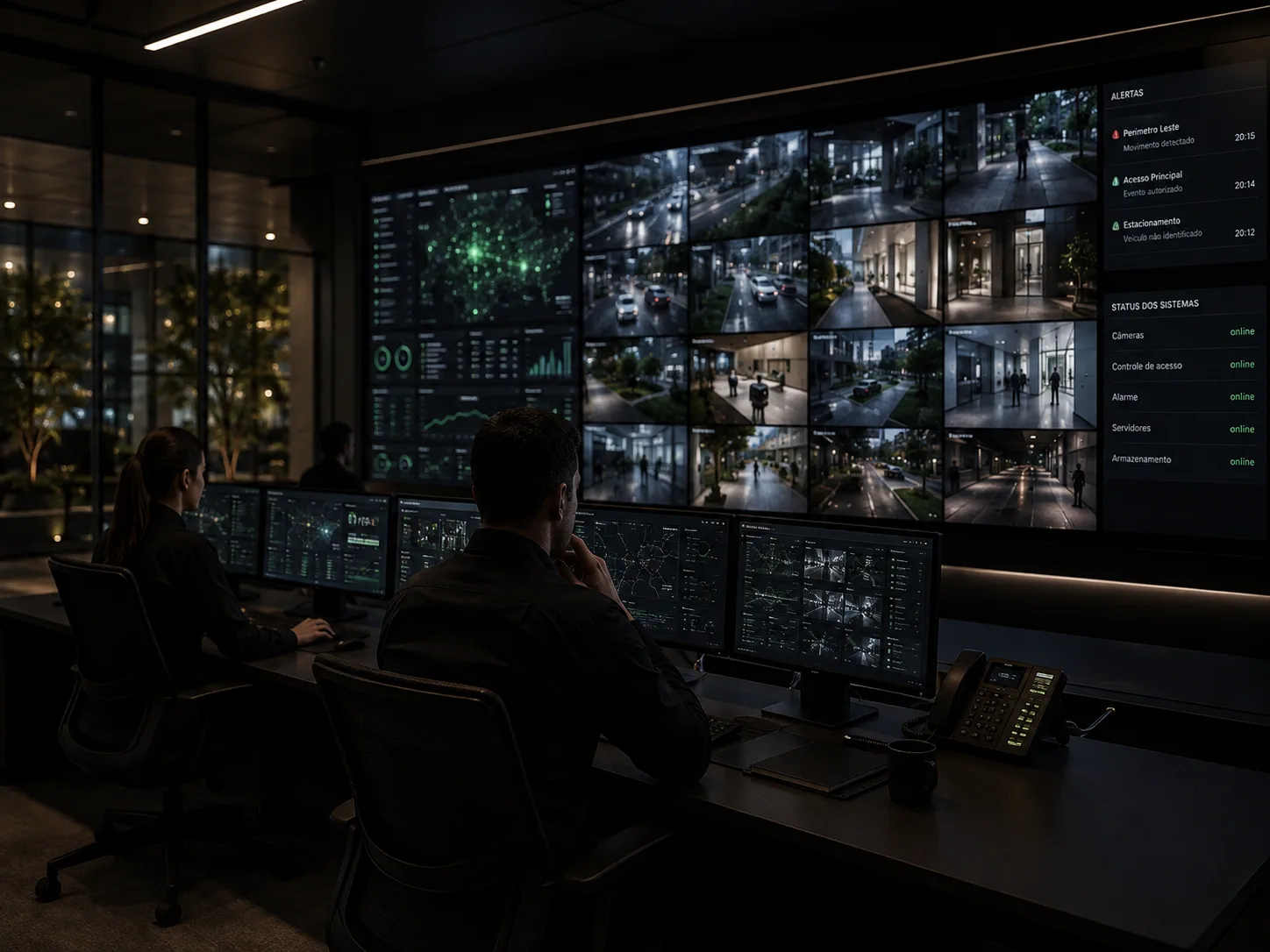Central de monitoramento com videowall e operação integrada.